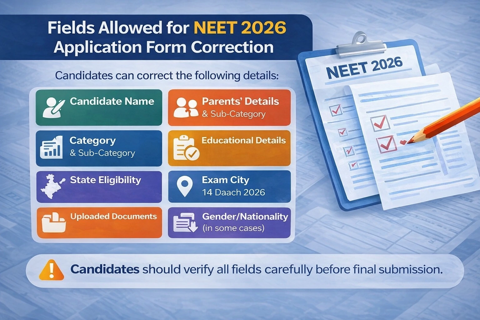 “NEET 2026 correction window infographic showing fields allowed for application form correction including candidate name, parents details, category, exam city, educational details and uploaded documents.